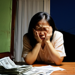 **Image Prompt 1:** A distraught Vietnamese woman, early 40s, sitting at her kitchen table late at night, surrounded by bills and papers. Her face shows a mix of worry and guilt. The kitchen is simple, typical of a middle-class Vietnamese home. Soft, melancholic lighting.  The overall feeling is one of internal conflict and societal pressure.