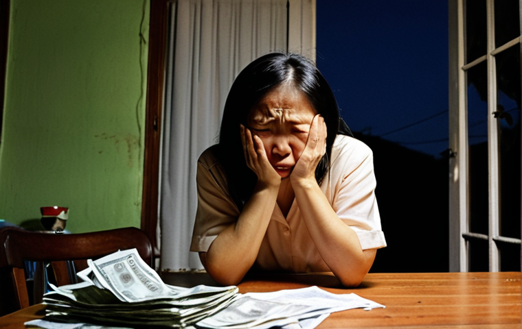**Image Prompt 1:** A distraught Vietnamese woman, early 40s, sitting at her kitchen table late at night, surrounded by bills and papers. Her face shows a mix of worry and guilt. The kitchen is simple, typical of a middle-class Vietnamese home. Soft, melancholic lighting. The overall feeling is one of internal conflict and societal pressure.