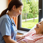 **

A caring nurse assisting a smiling elderly woman in a modern nursing home. Focus on the nurse's compassionate expression and the clean, well-equipped environment, perhaps with a view of a peaceful garden outside the window. Depict the scene with warm, natural lighting.

**