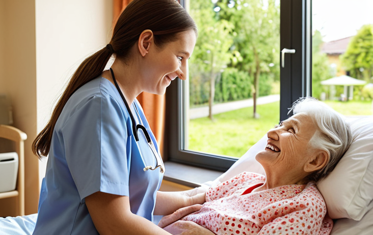 **
A caring nurse assisting a smiling elderly woman in a modern nursing home. Focus on the nurse's compassionate expression and the clean, well-equipped environment, perhaps with a view of a peaceful garden outside the window. Depict the scene with warm, natural lighting.
**